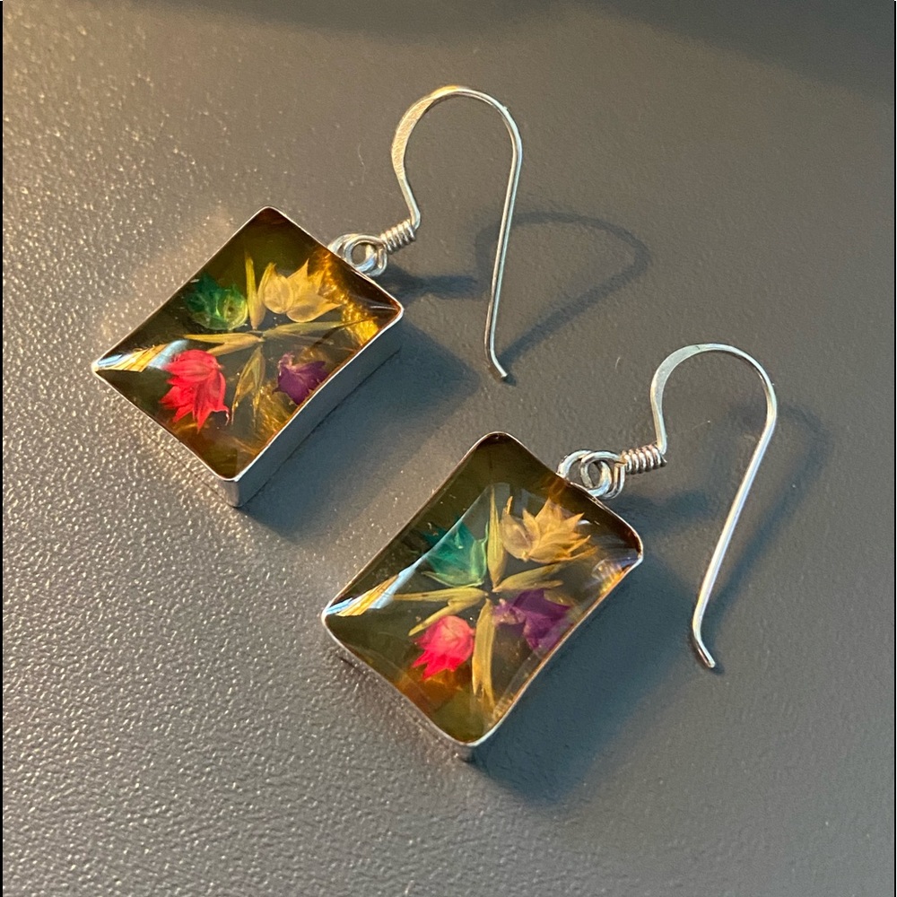 Vintage Sterling Silver Natural Flowers
Set In Resin Dangle Earrings